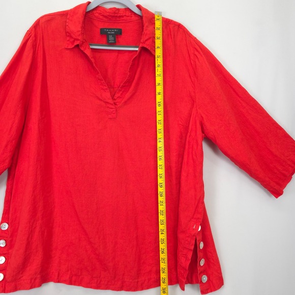 Tahari Linen Tunic Top Shirt Red 3/4 Sleeve Collared Button Side Women 2X - Picture 4 of 8